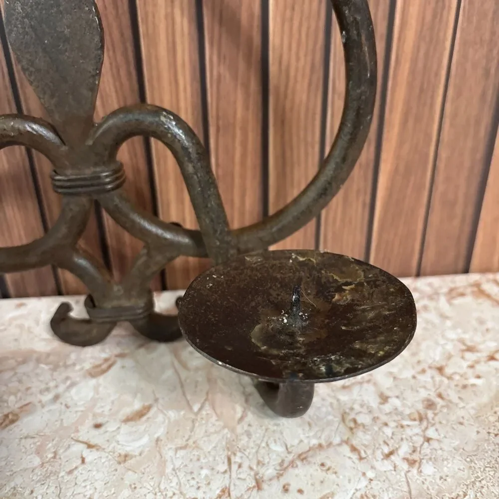 Vintage wrought Iron wall sconce Pillar candle holder gothic rustic decor '60s